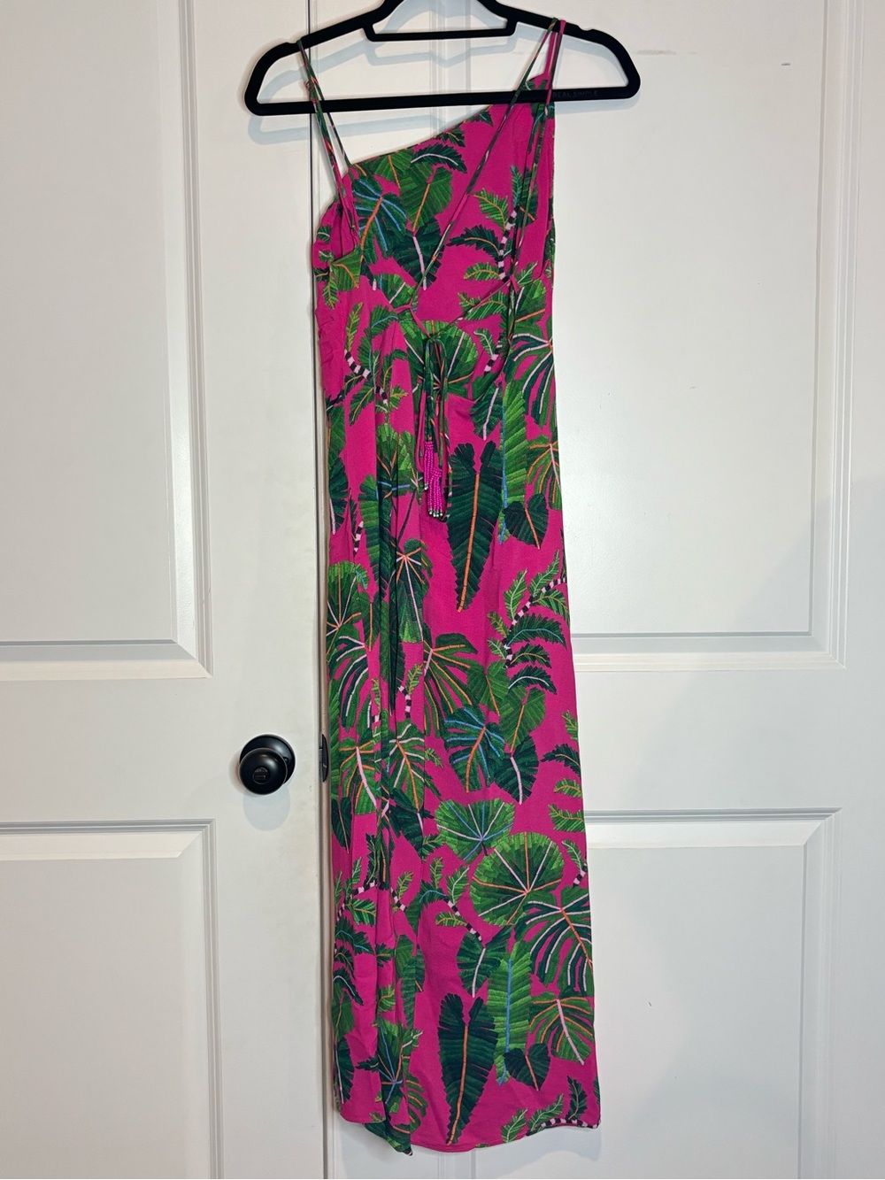 Farm Rio Pink Leave Asymmetric One Shoulder Strappy Back Ruched Slit Dress S - Picture 6 of 13